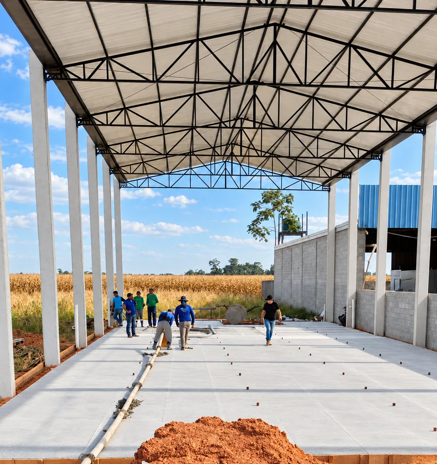 Interior de galpão com pilares de concreto e cobertura